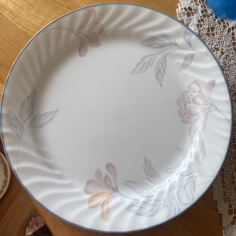 6 Corelle PINK TRIO SWIRL Dinner Plates 10.25 Inch Bluish Grey Trim